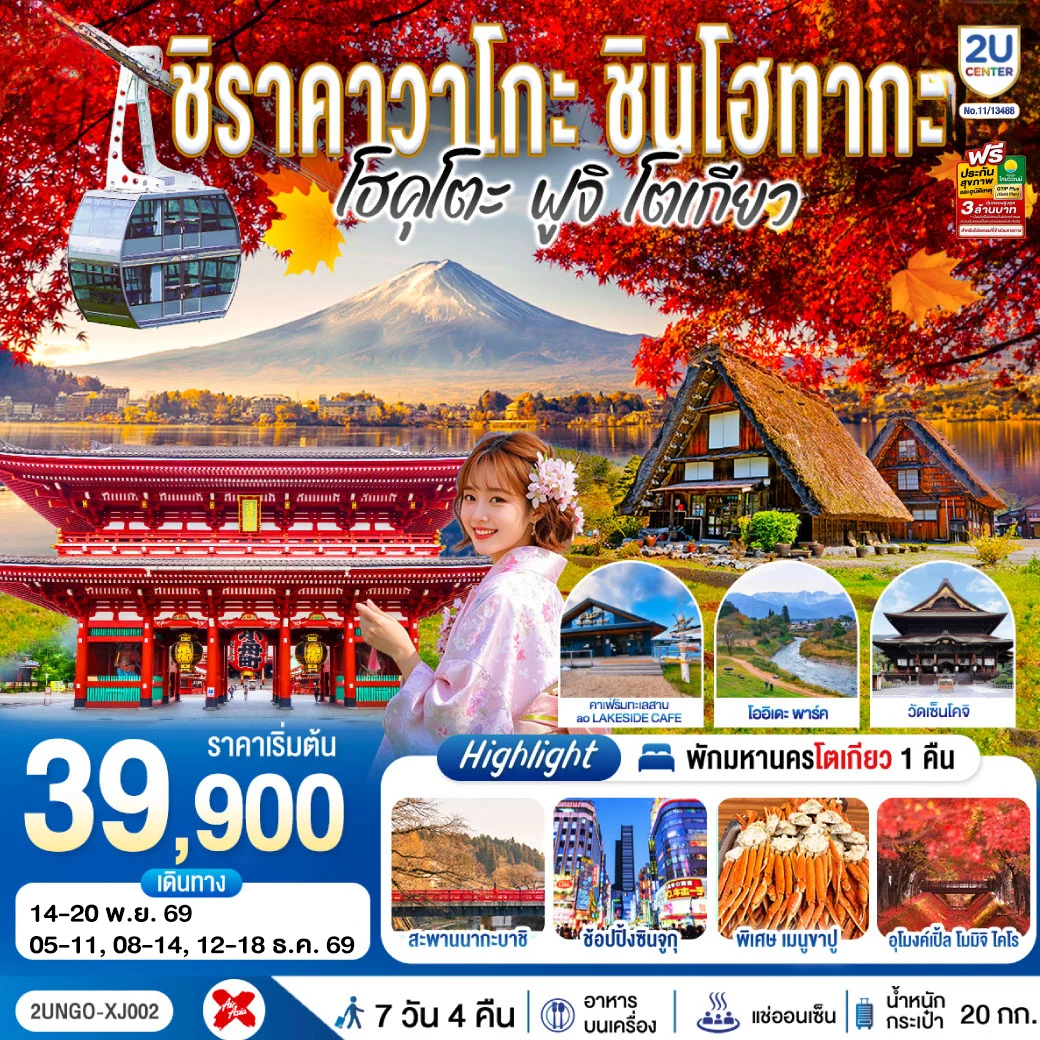 ทัวร์ญี่ปุ่น ชิราคาวาโกะ ชินโฮทากะ โฮคุโตะ  ฟูจิ โตเกียว  7วัน 4คืน (XJ)